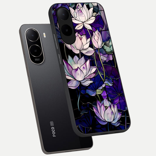  Purple Lotus Pattern phone case For Poco C85x showing premium glass back cover with detailed artwork