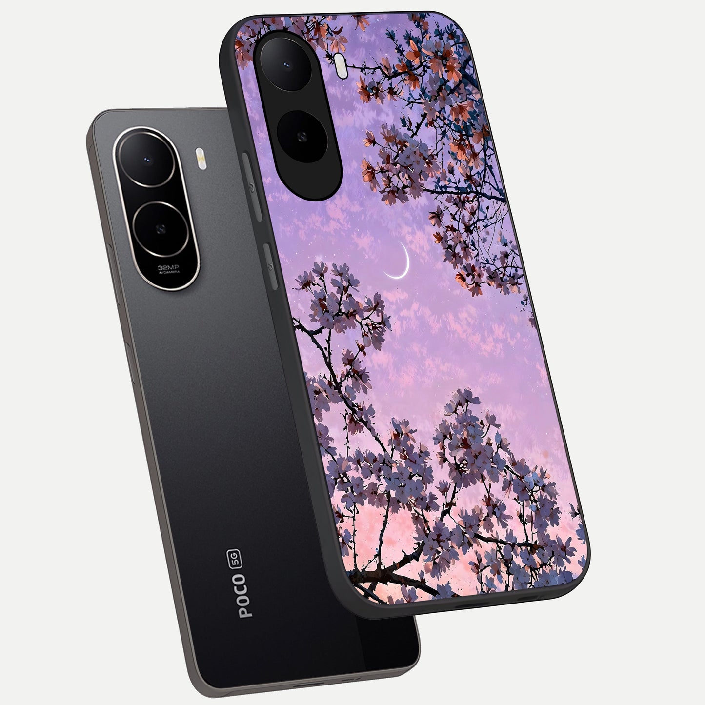  Purple Serenity Moon phone case For Poco C85x showing premium glass back cover with detailed artwork