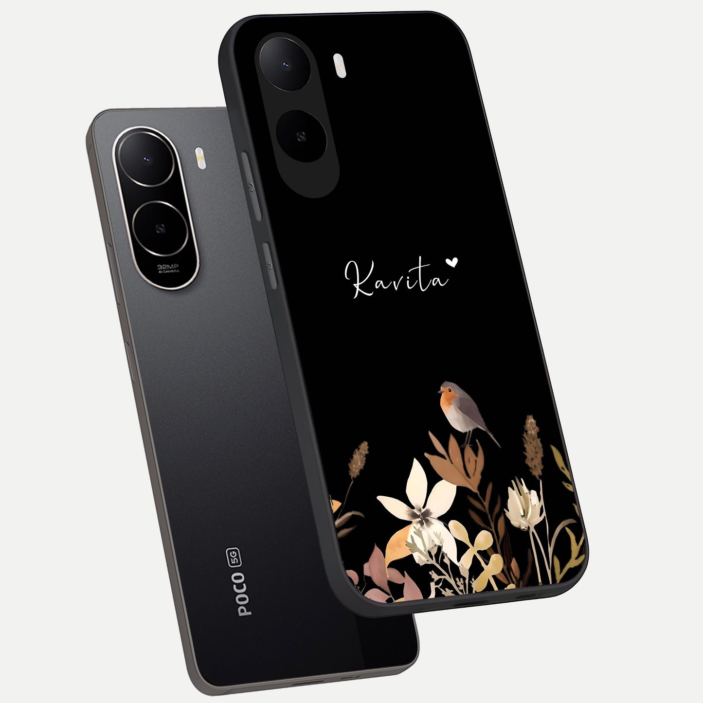  Quiet Garden Tune Custom Name phone case For Poco C85x showing premium glass back cover with detailed artwork