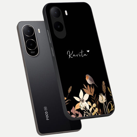  Quiet Garden Tune Custom Name phone case For Poco C85x showing premium glass back cover with detailed artwork