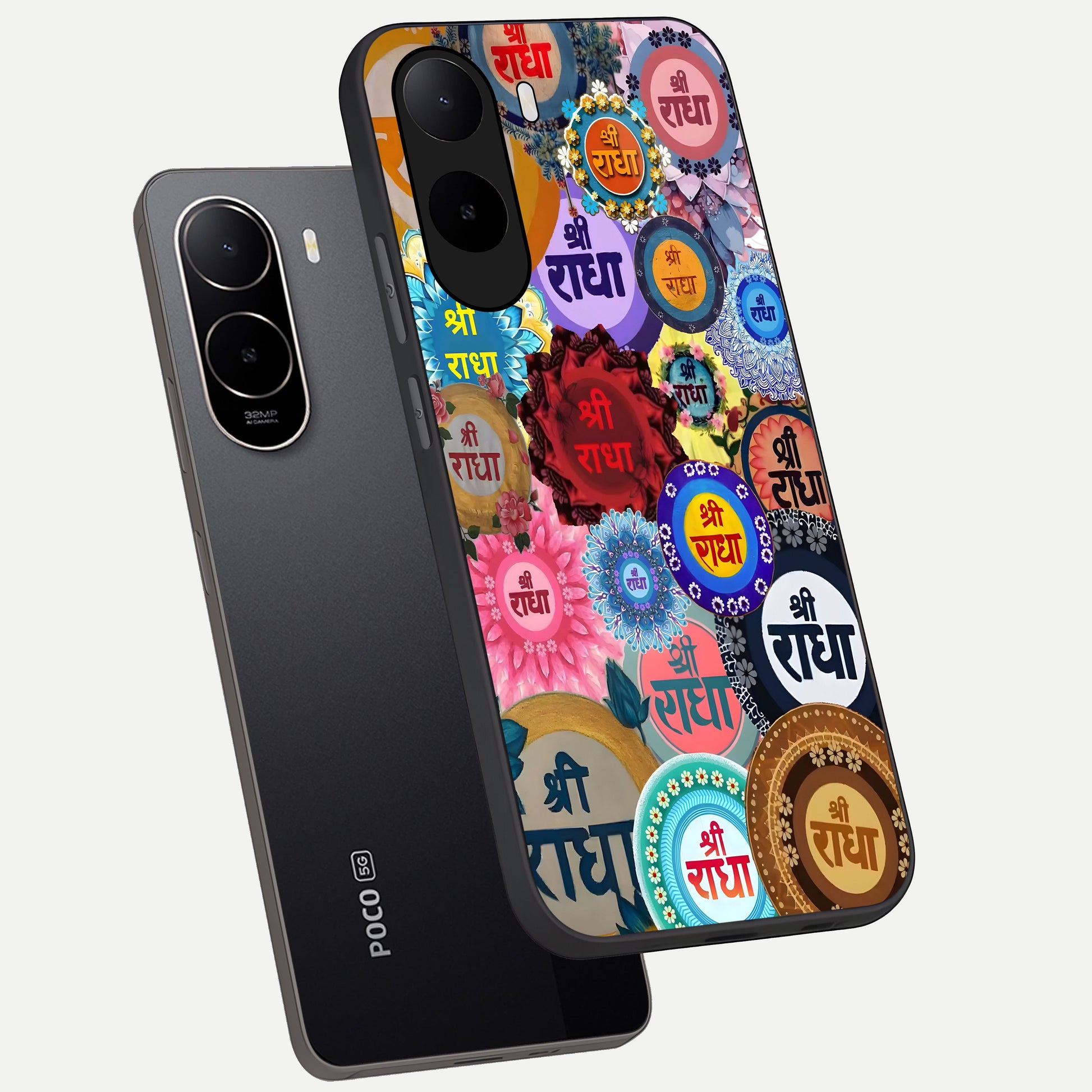  Radha Divine Bloom phone case For Poco C85x showing premium glass back cover with detailed artwork