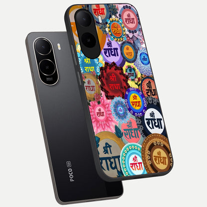  Radha Divine Bloom phone case For Poco C85x showing premium glass back cover with detailed artwork