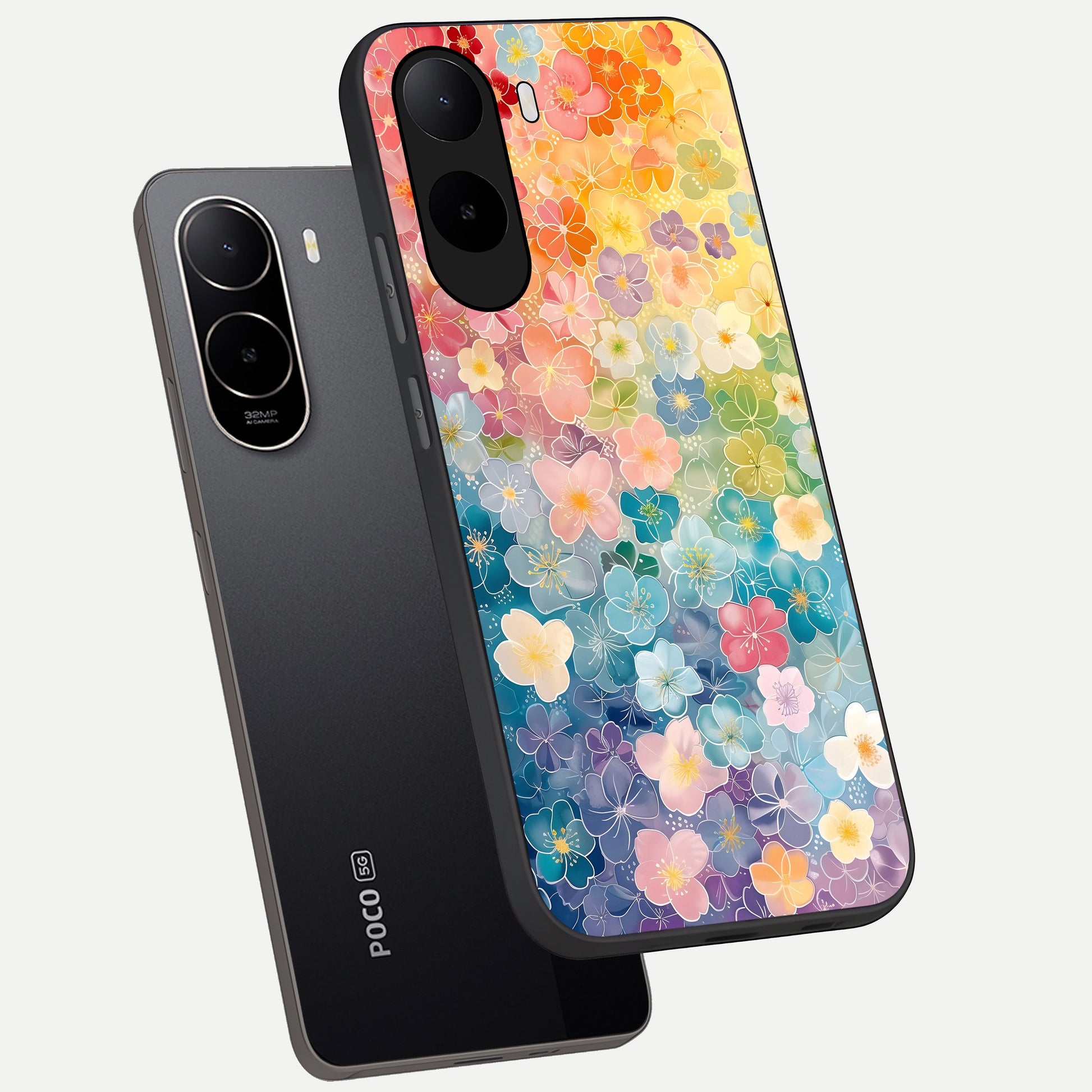  Rainbow Blossom Burst phone case For Poco C85x showing premium glass back cover with detailed artwork