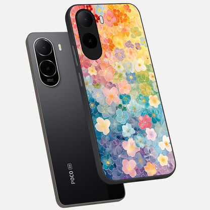  Rainbow Blossom Burst phone case For Poco C85x showing premium glass back cover with detailed artwork
