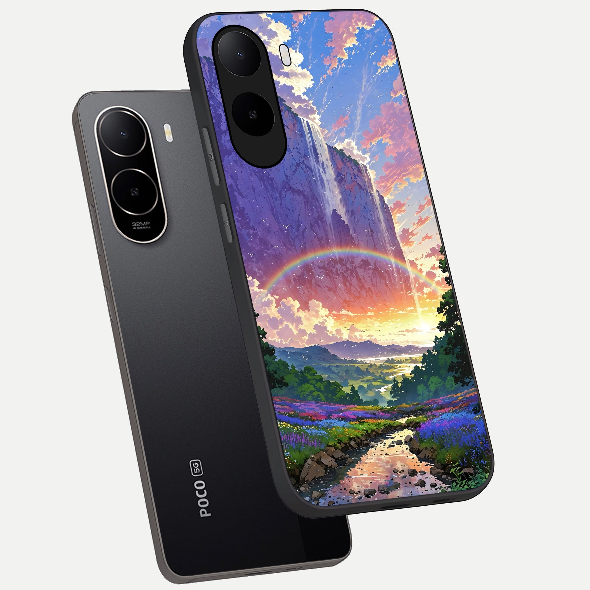  Rainbow Valley Dream phone case For Poco C85x showing premium glass back cover with detailed artwork