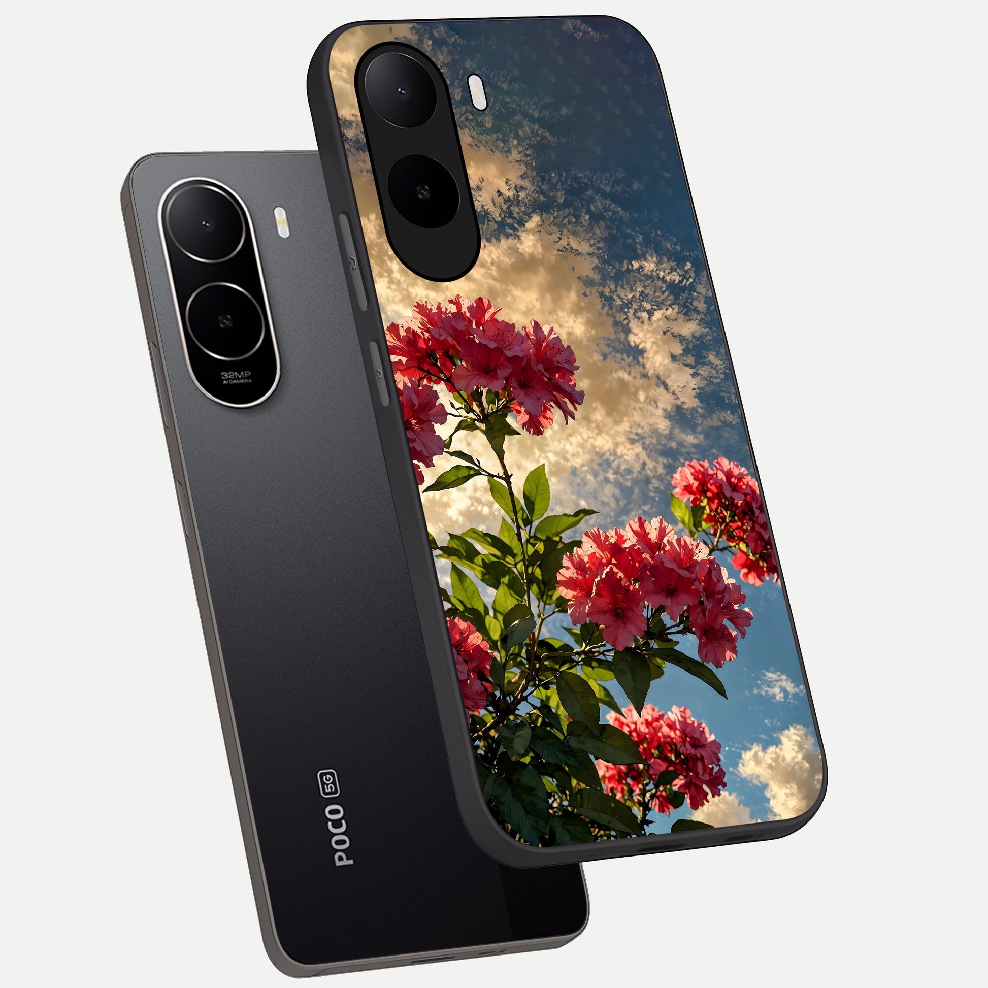  Red Bloom Skies phone case For Poco C85x showing premium glass back cover with detailed artwork
