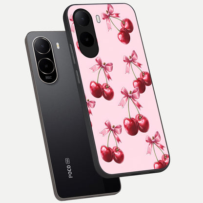  Red Cherries Pattern phone case For Poco C85x showing premium glass back cover with detailed artwork