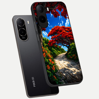  Red Trees Pathway phone case For Poco C85x showing premium glass back cover with detailed artwork