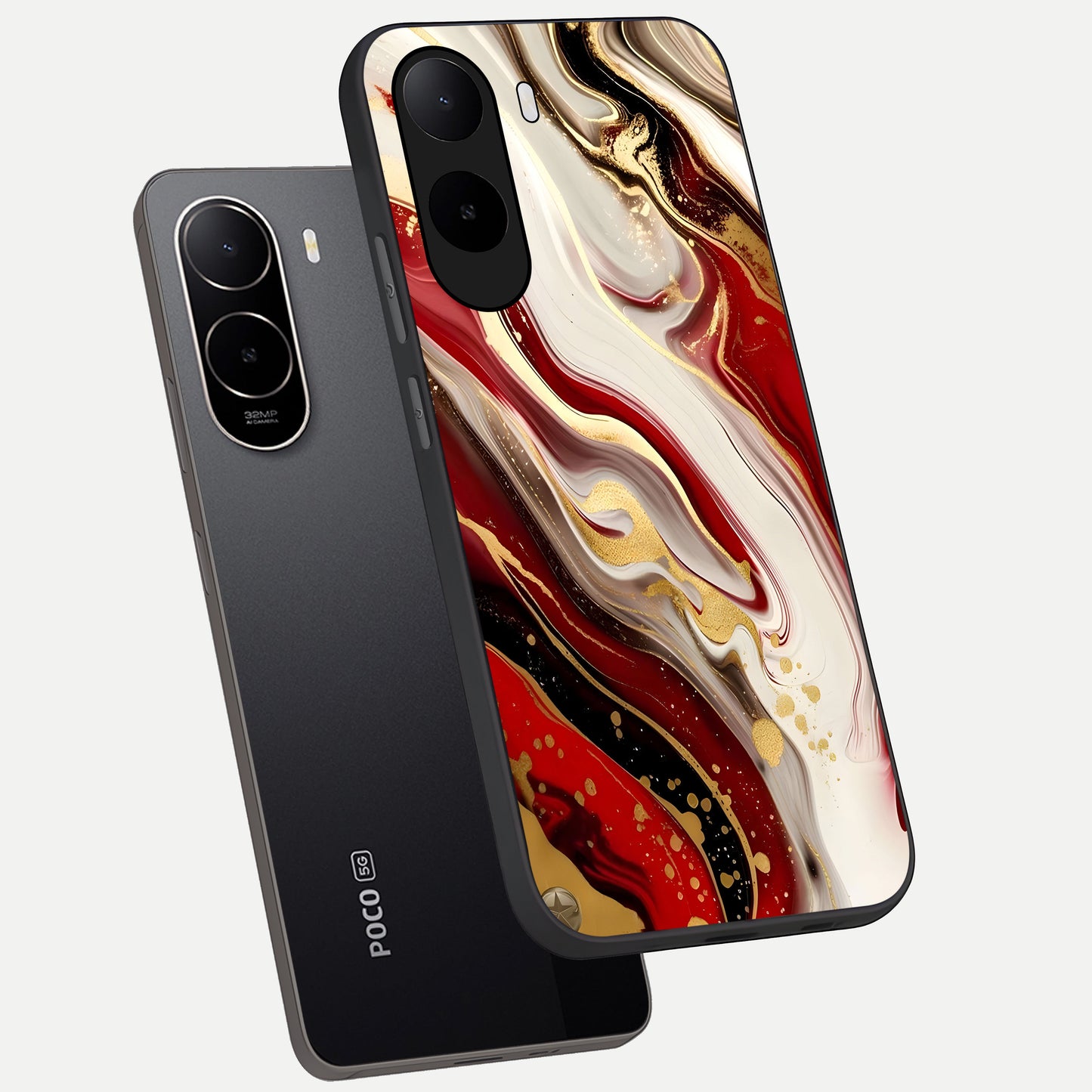  Red And White Marble phone case For Poco C85x showing premium glass back cover with detailed artwork