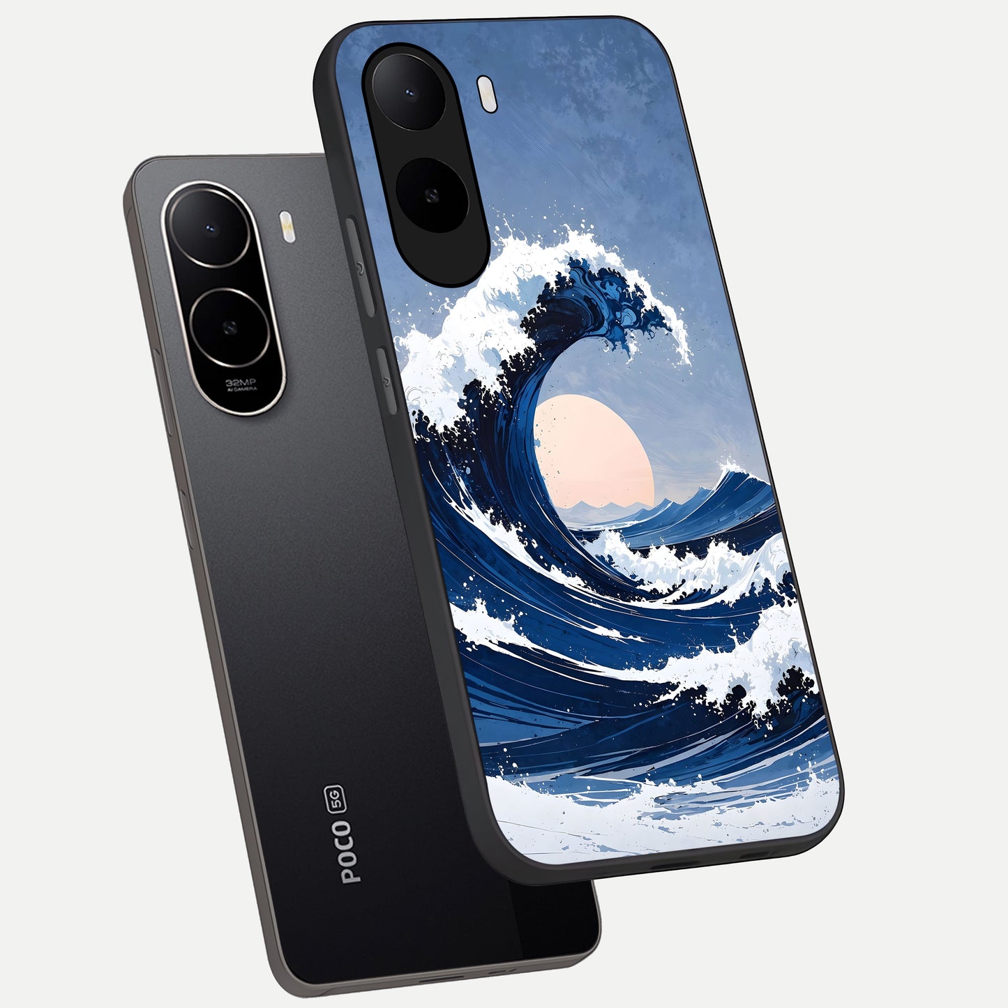  Rising Tide Power phone case For Poco C85x showing premium glass back cover with detailed artwork