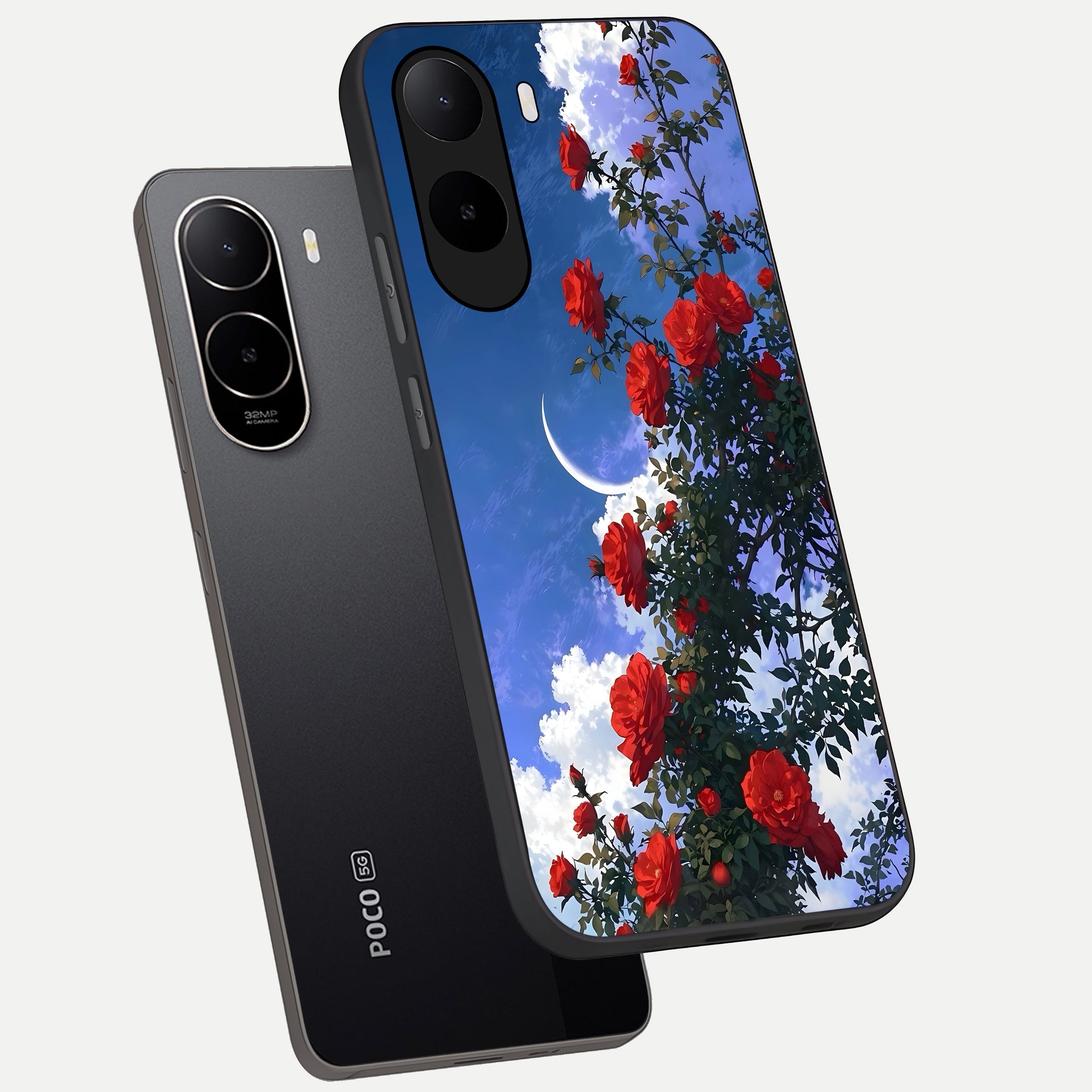  Rose Drift Flowers phone case For Poco C85x showing premium glass back cover with detailed artwork
