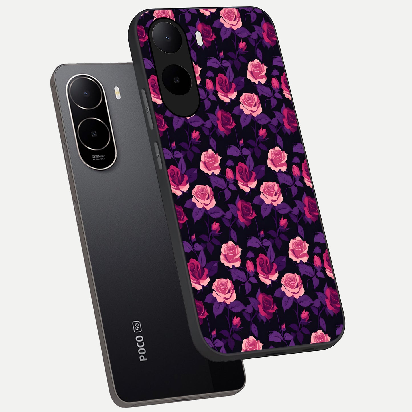  Rose Garden Twilight phone case For Poco C85x showing premium glass back cover with detailed artwork