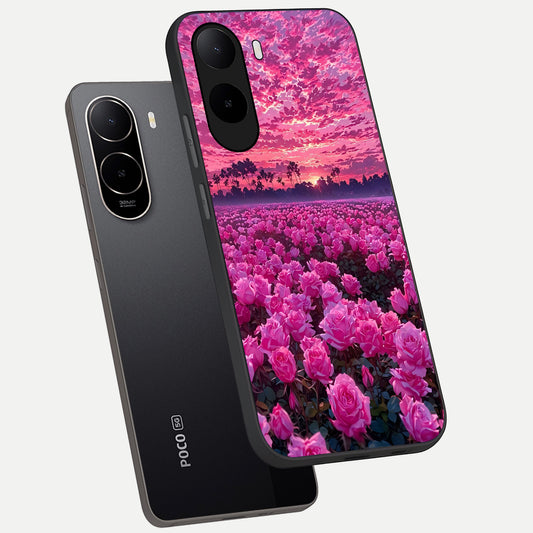  Rose Sunset Valley phone case For Poco C85x showing premium glass back cover with detailed artwork