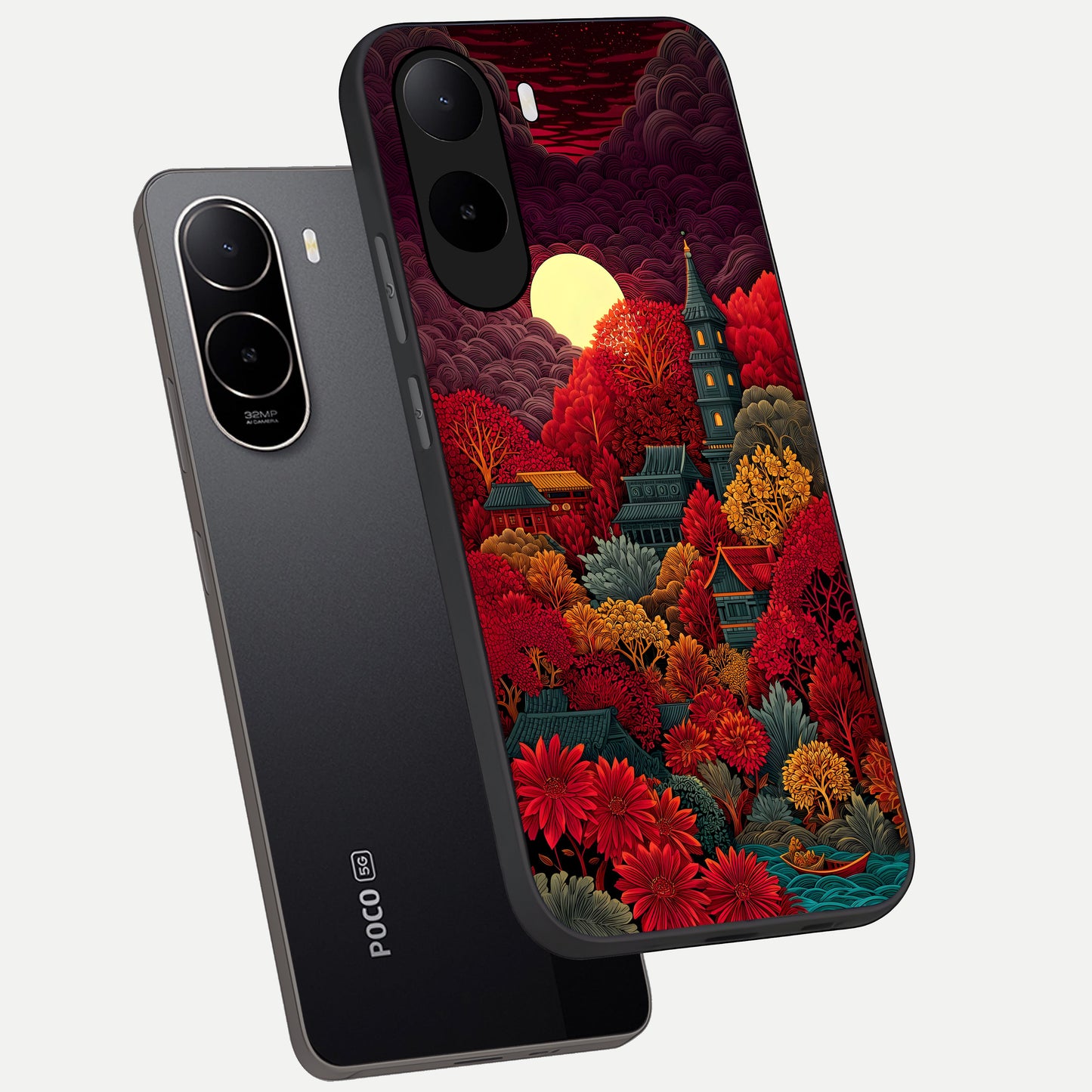 Scarlet Autumn Temple phone case For Poco C85x showing premium glass back cover with detailed artwork