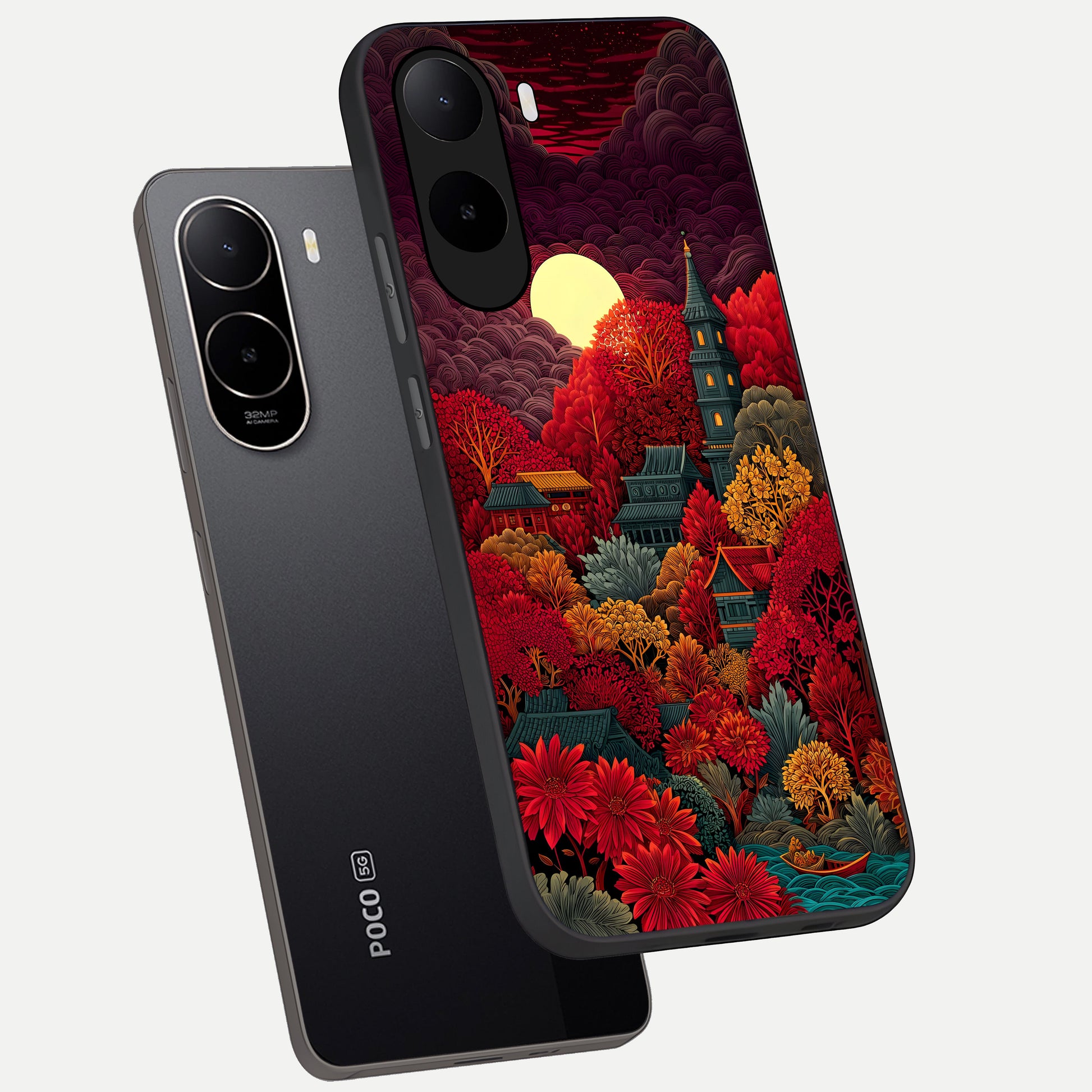  Scarlet Autumn Temple phone case For Poco C85x showing premium glass back cover with detailed artwork