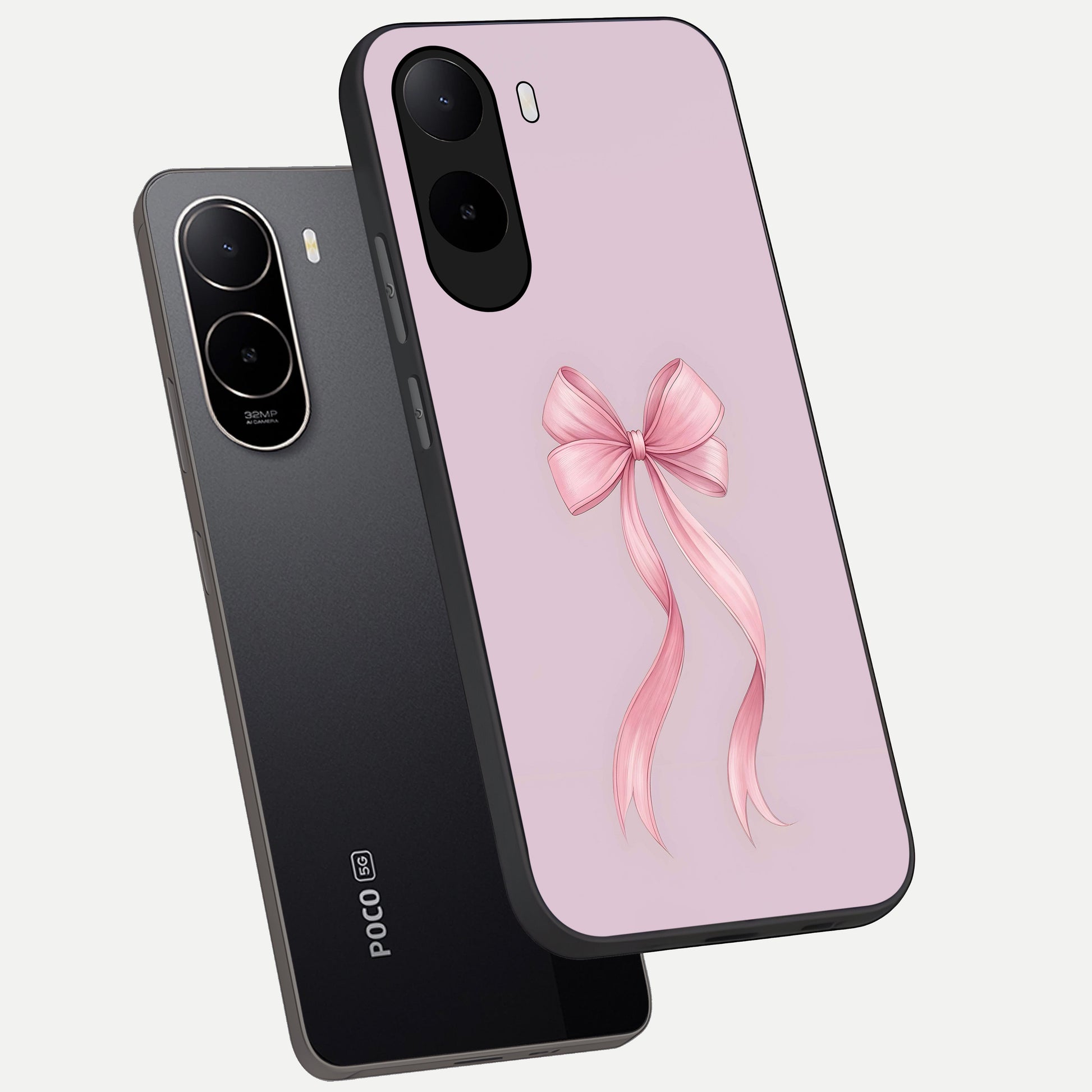  Soft Blush Bow phone case For Poco C85x showing premium glass back cover with detailed artwork