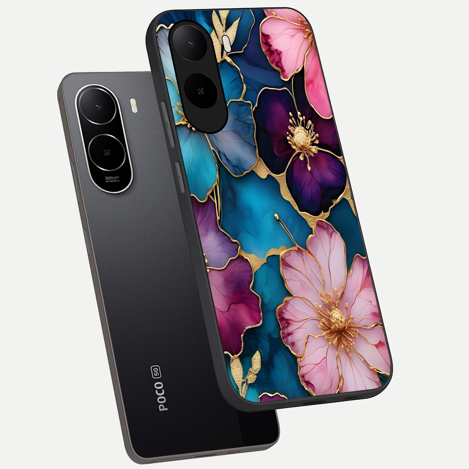  Sparkle Floral phone case For Poco C85x showing premium glass back cover with detailed artwork