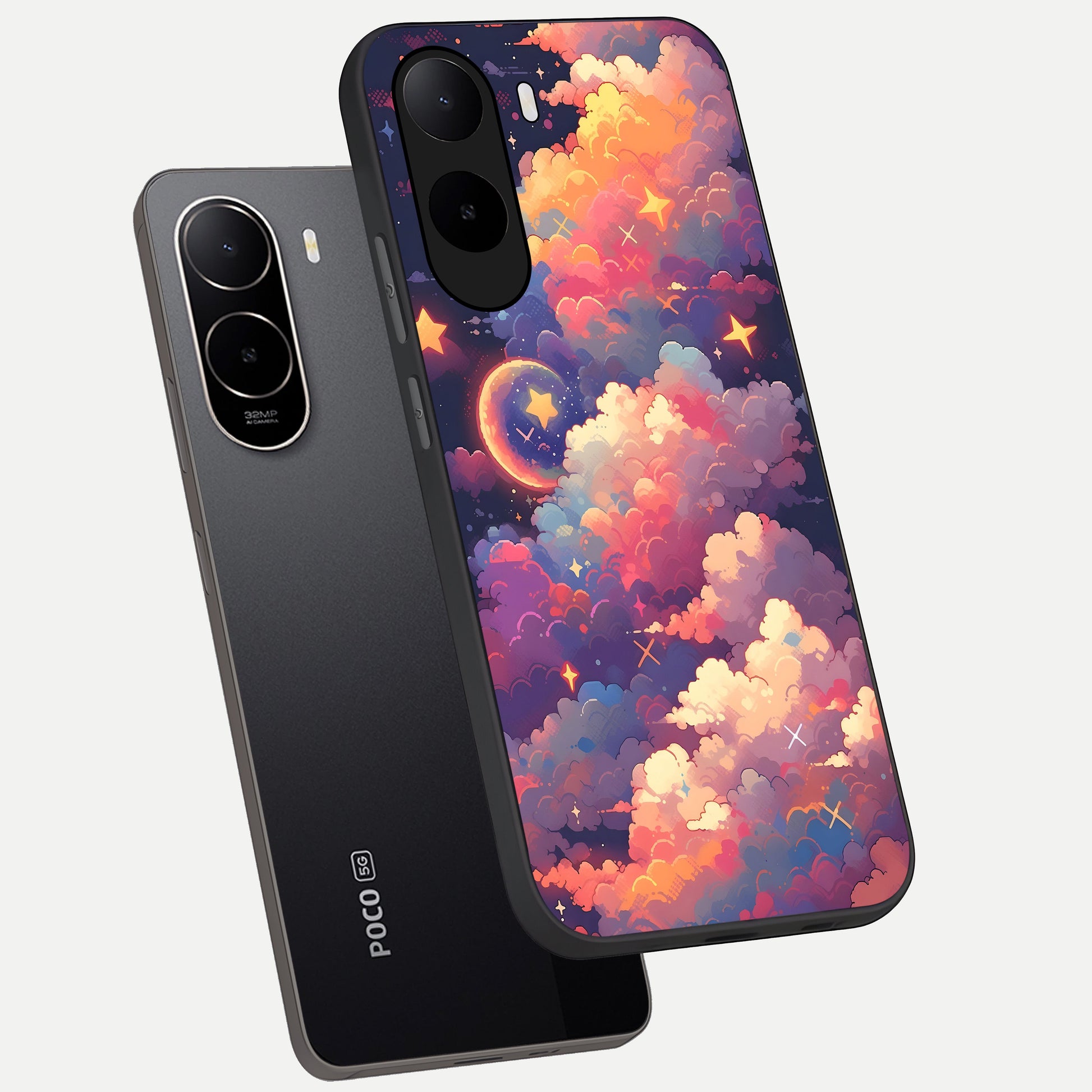  Starlit Dream Clouds phone case For Poco C85x showing premium glass back cover with detailed artwork