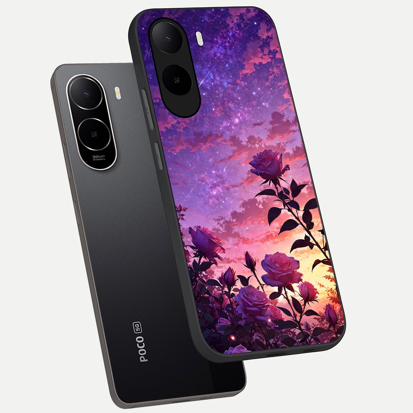  Starlit Rose Twilight phone case For Poco C85x showing premium glass back cover with detailed artwork