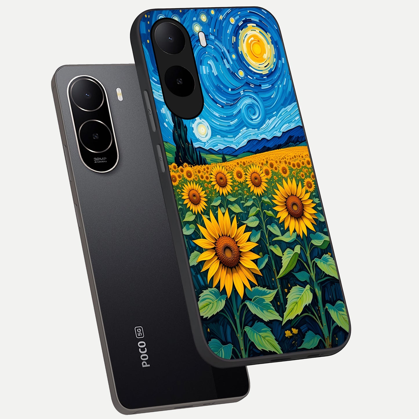  Starry Sunflower Dreams phone case For Poco C85x showing premium glass back cover with detailed artwork