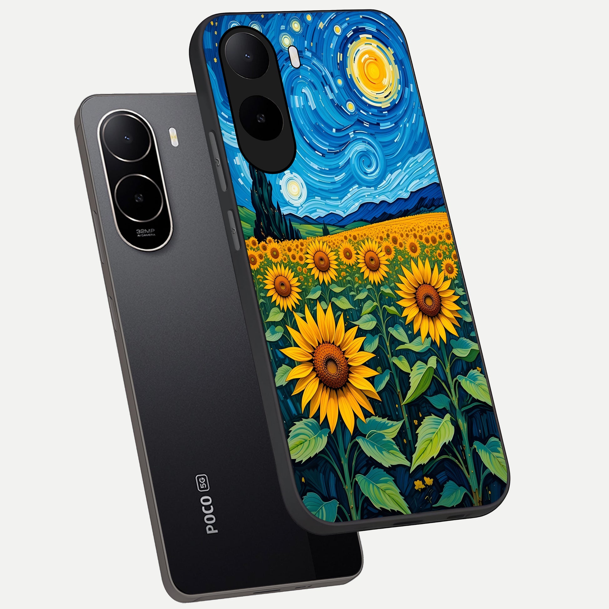  Starry Sunflower Dreams phone case For Poco C85x showing premium glass back cover with detailed artwork