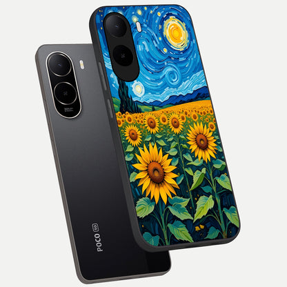  Starry Sunflower Dreams phone case For Poco C85x showing premium glass back cover with detailed artwork
