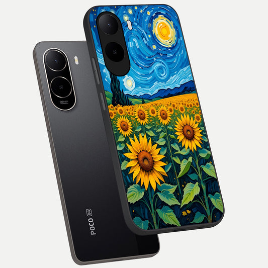  Starry Sunflower Dreams phone case For Poco C85x showing premium glass back cover with detailed artwork