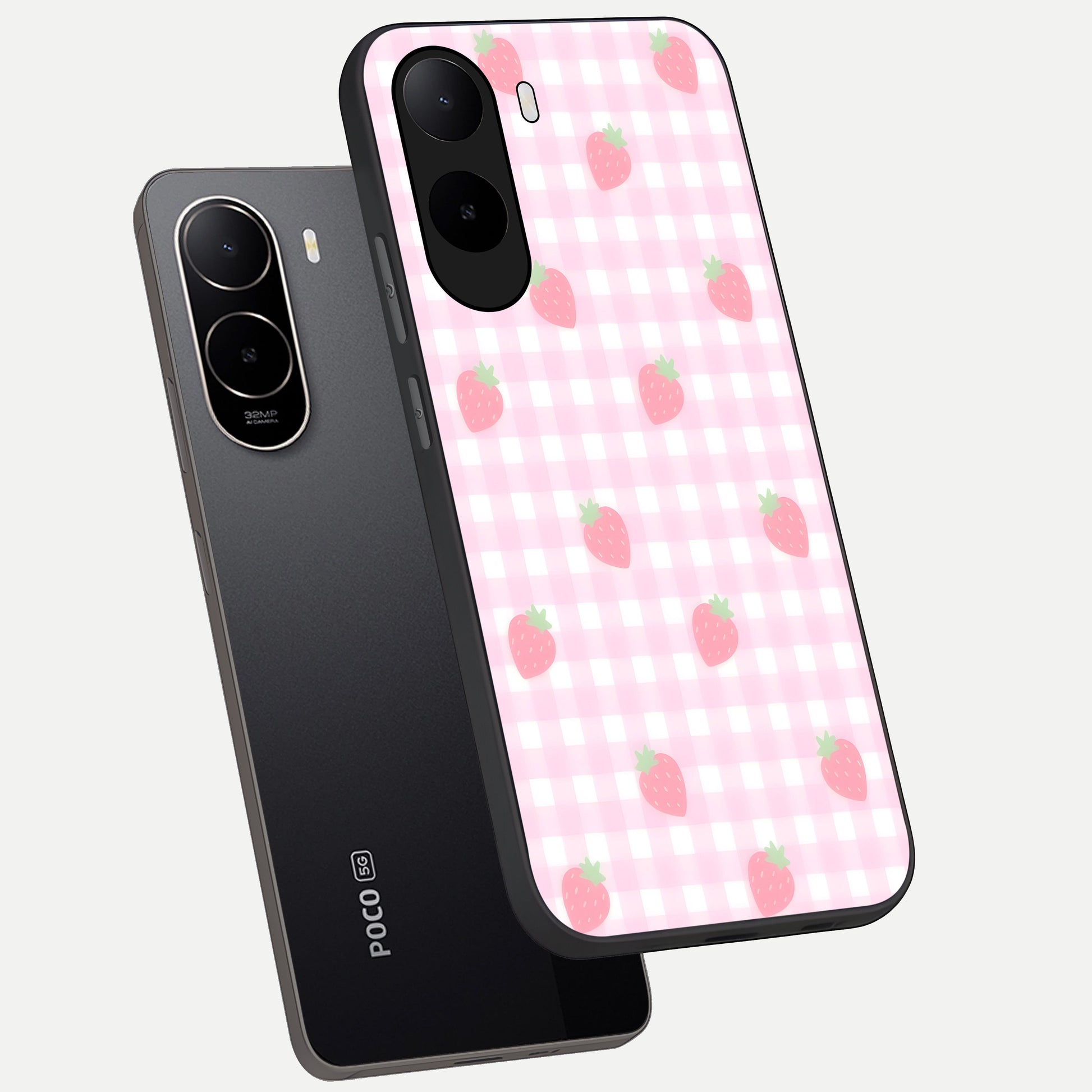  Strawberry Picnic Love phone case For Poco C85x showing premium glass back cover with detailed artwork