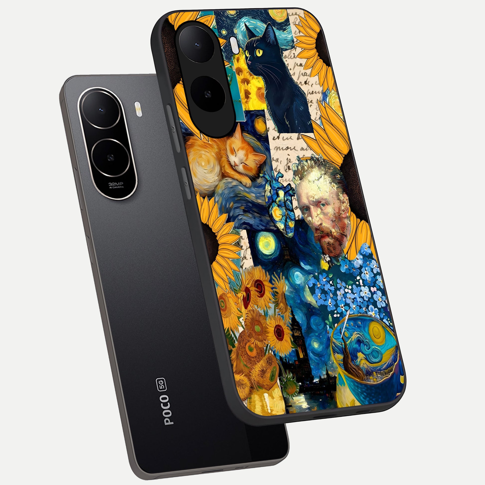  Sunflower Chic Mood Custom Name phone case For Poco C85x showing premium glass back cover with detailed artwork