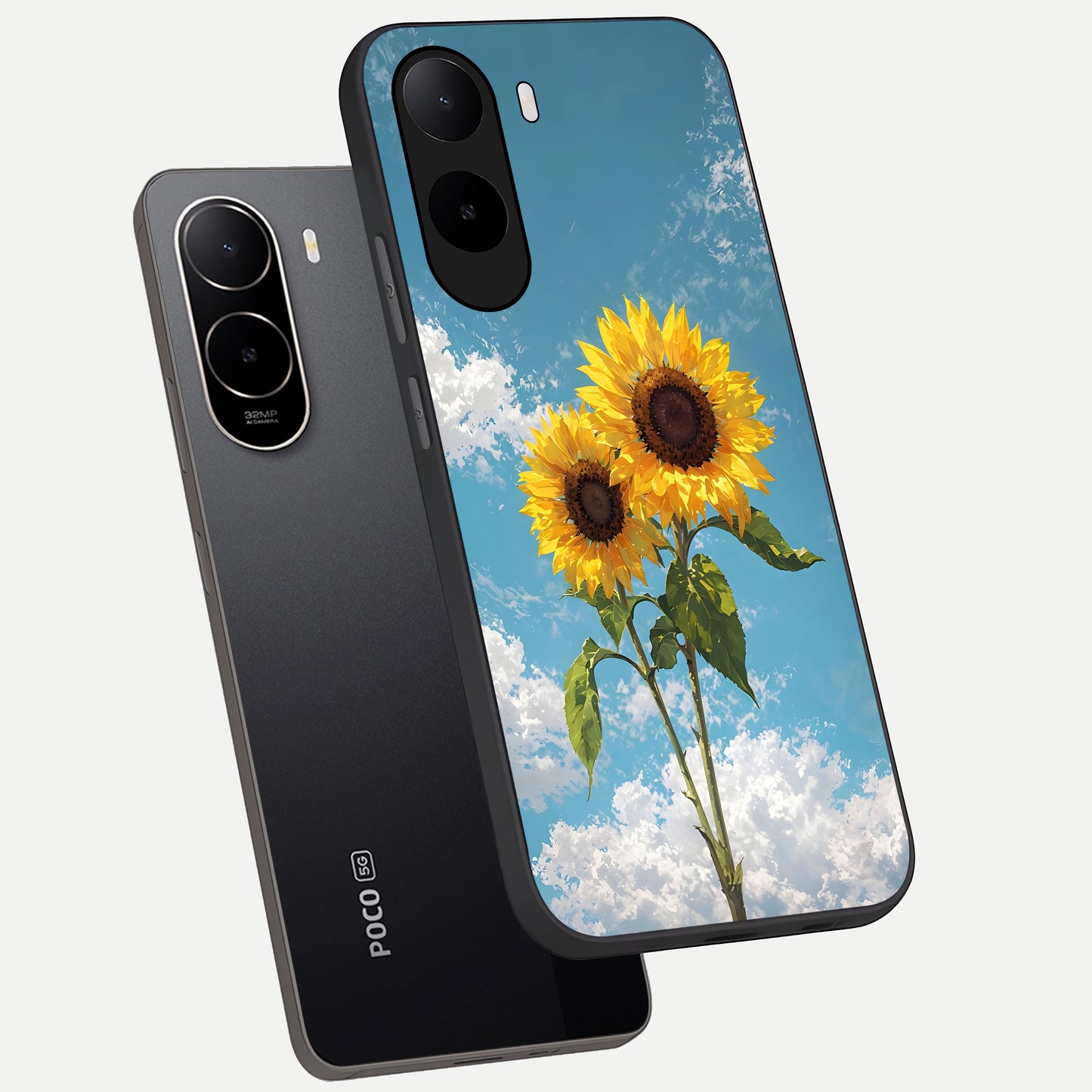  Sunlit Daisy Glow phone case For Poco C85x showing premium glass back cover with detailed artwork