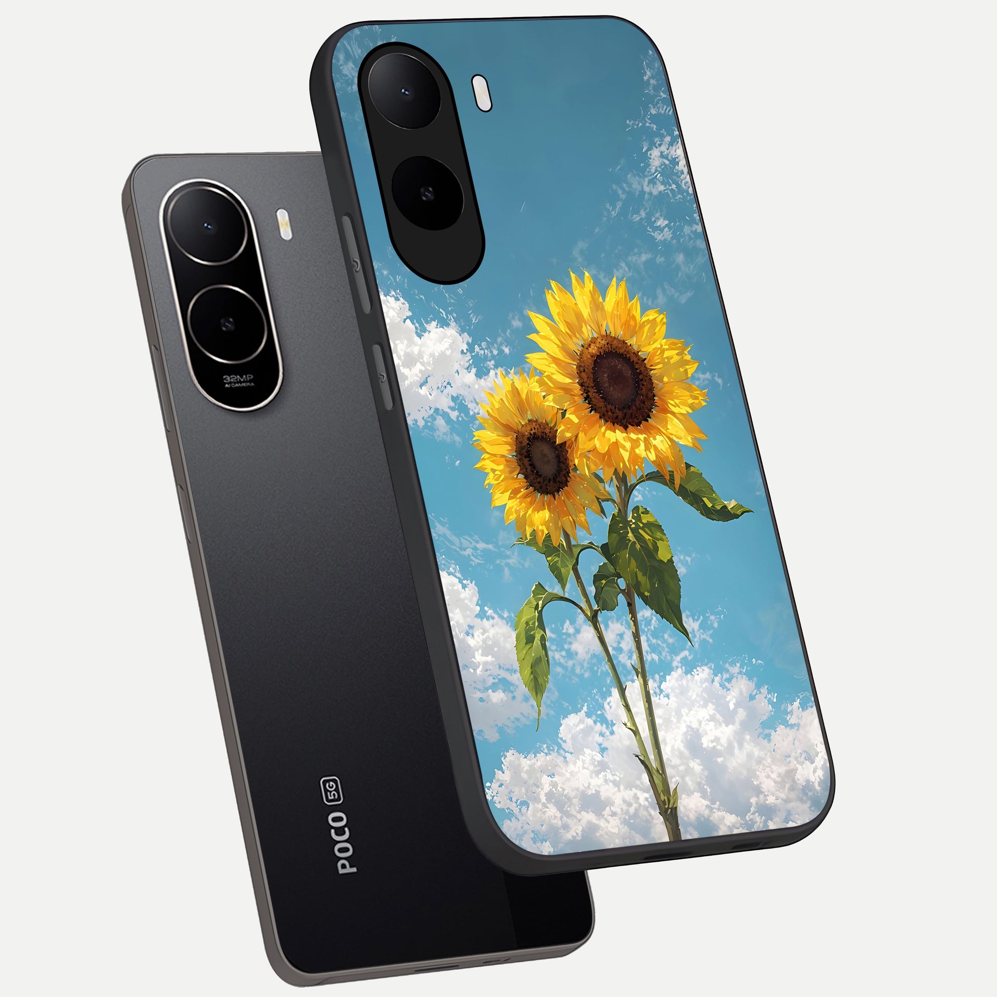  Sunlit Daisy Glow phone case For Poco C85x showing premium glass back cover with detailed artwork