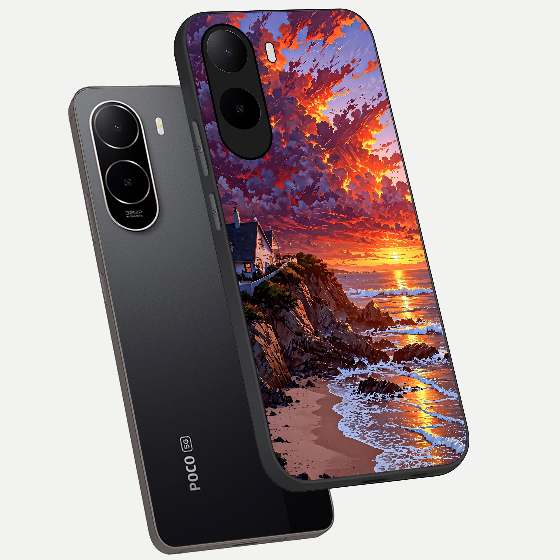  Sunset House By Sea phone case For Poco C85x showing premium glass back cover with detailed artwork
