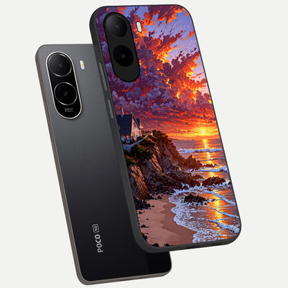  Sunset House By Sea phone case For Poco C85x showing premium glass back cover with detailed artwork