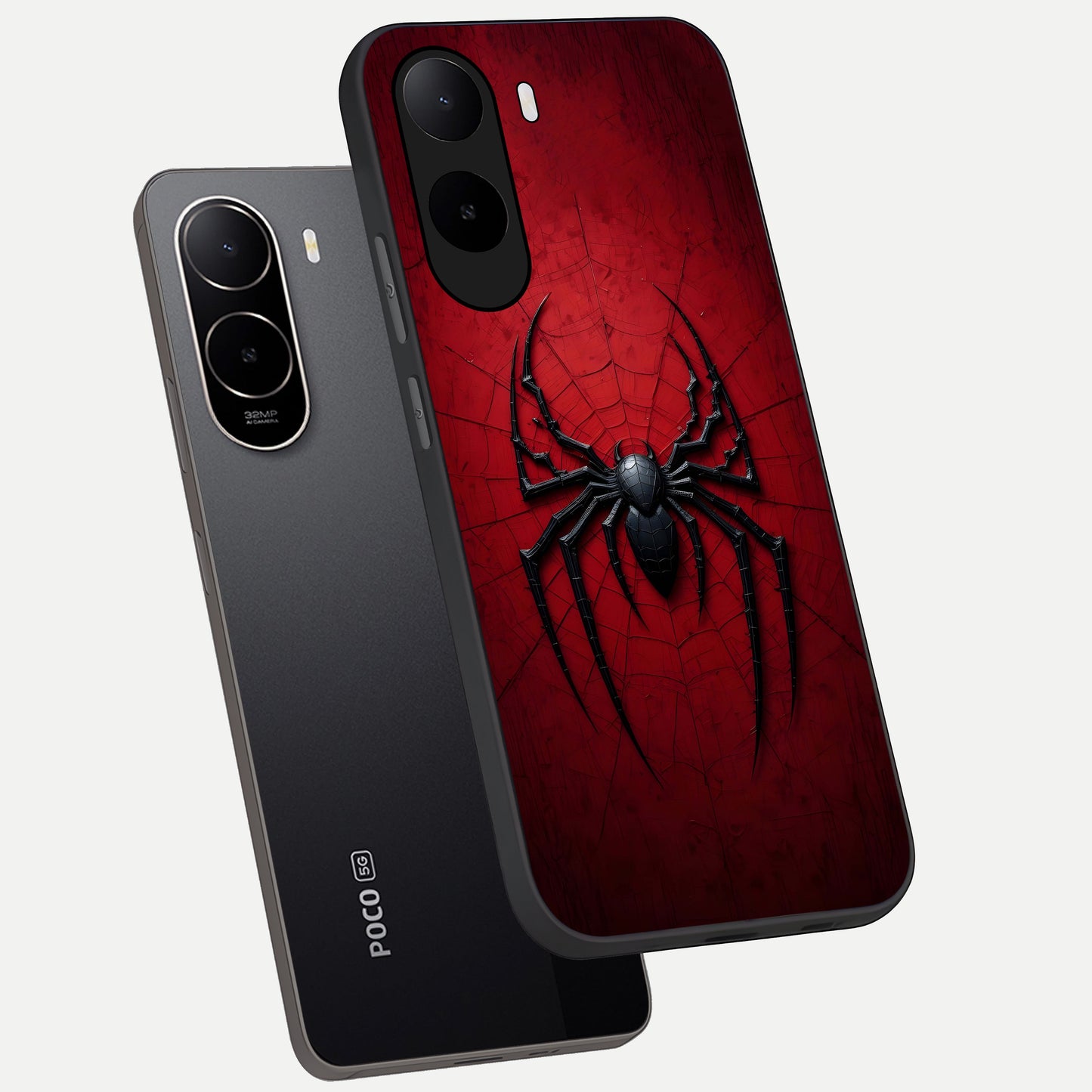  Superhero Web Emblem phone case For Poco C85x showing premium glass back cover with detailed artwork