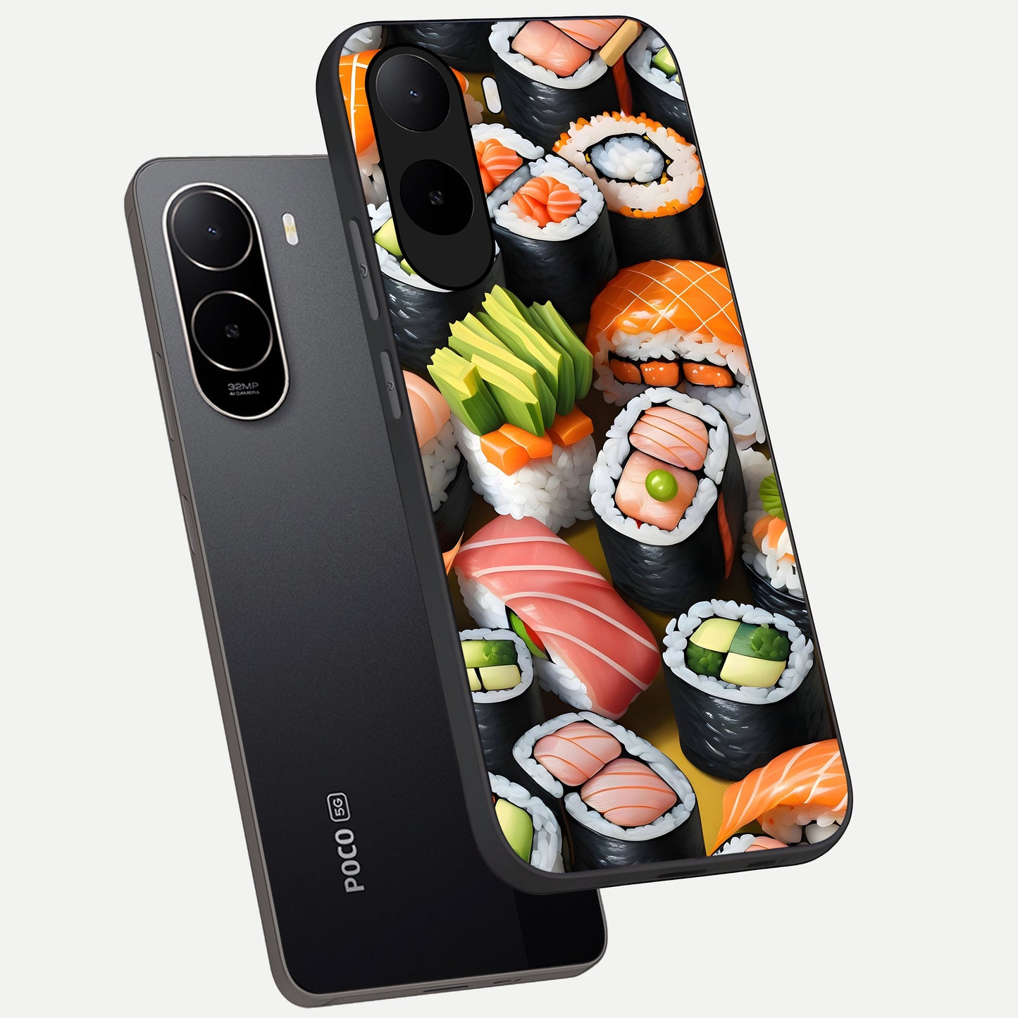  Sushi Food Pattern phone case For Poco C85x showing premium glass back cover with detailed artwork