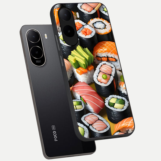  Sushi Food Pattern phone case For Poco C85x showing premium glass back cover with detailed artwork