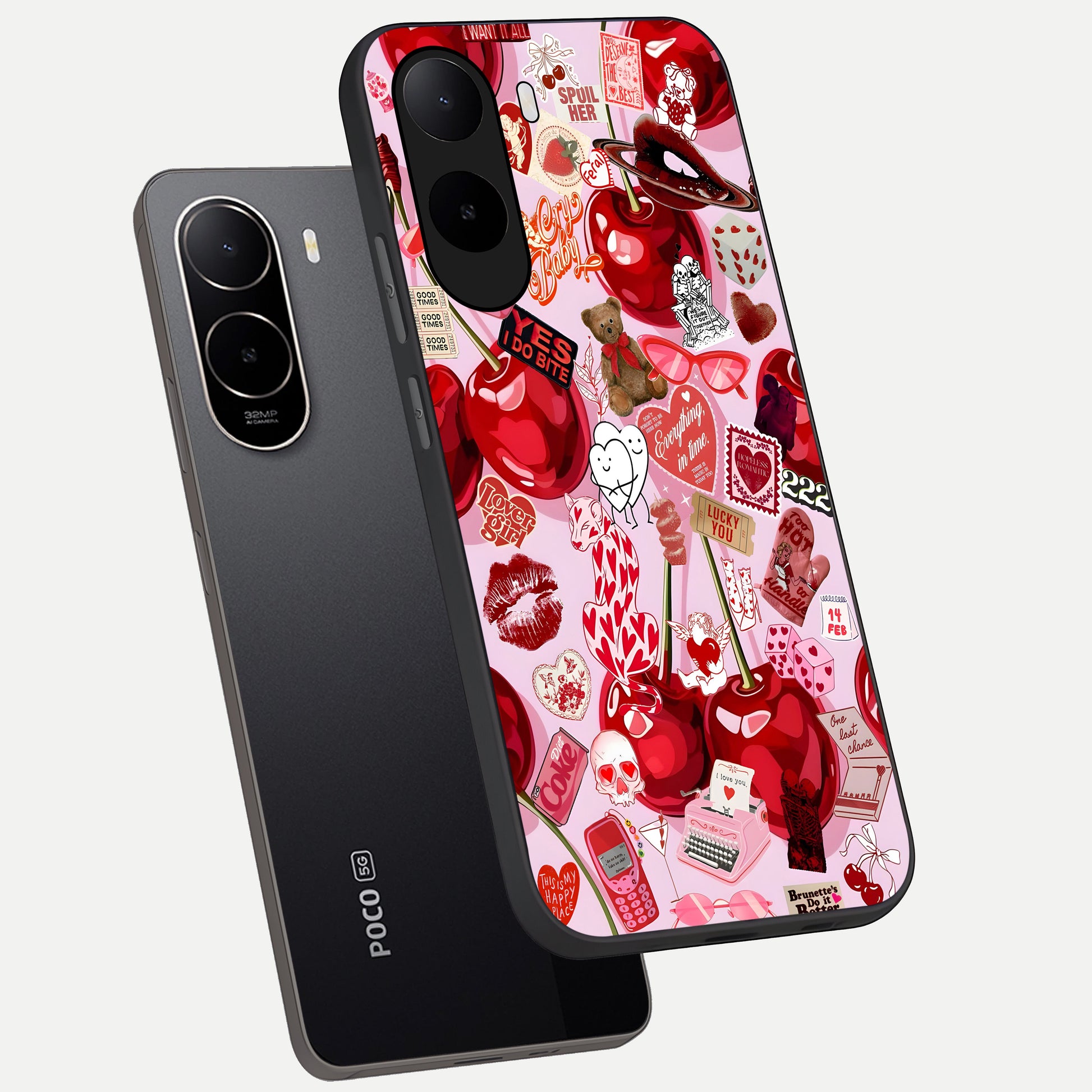  Sweet Cherry Chaos phone case For Poco C85x showing premium glass back cover with detailed artwork