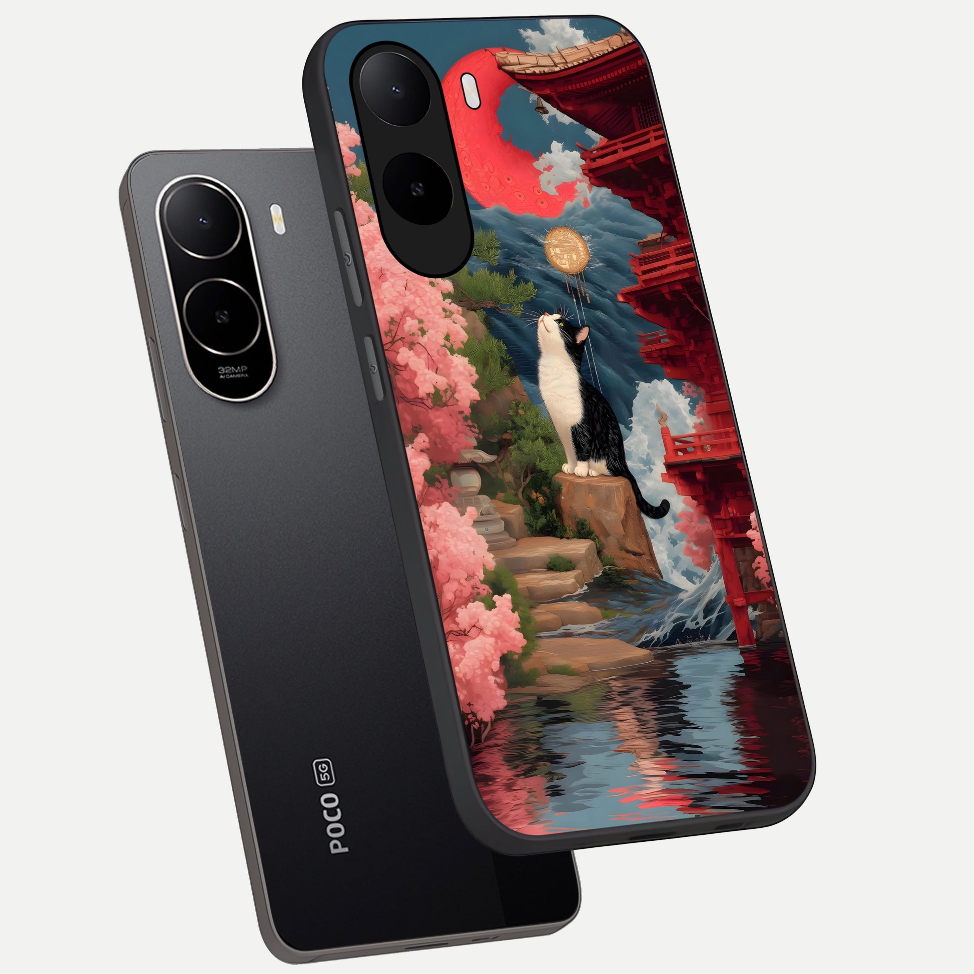  Temple Cat Scenery phone case For Poco C85x showing premium glass back cover with detailed artwork