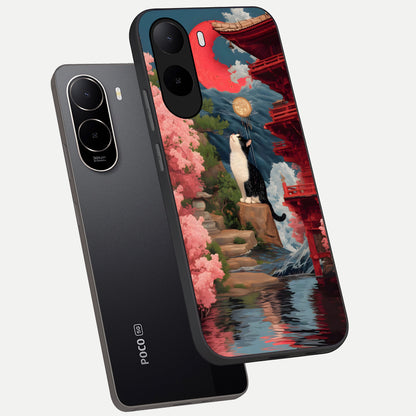  Temple Cat Scenery phone case For Poco C85x showing premium glass back cover with detailed artwork