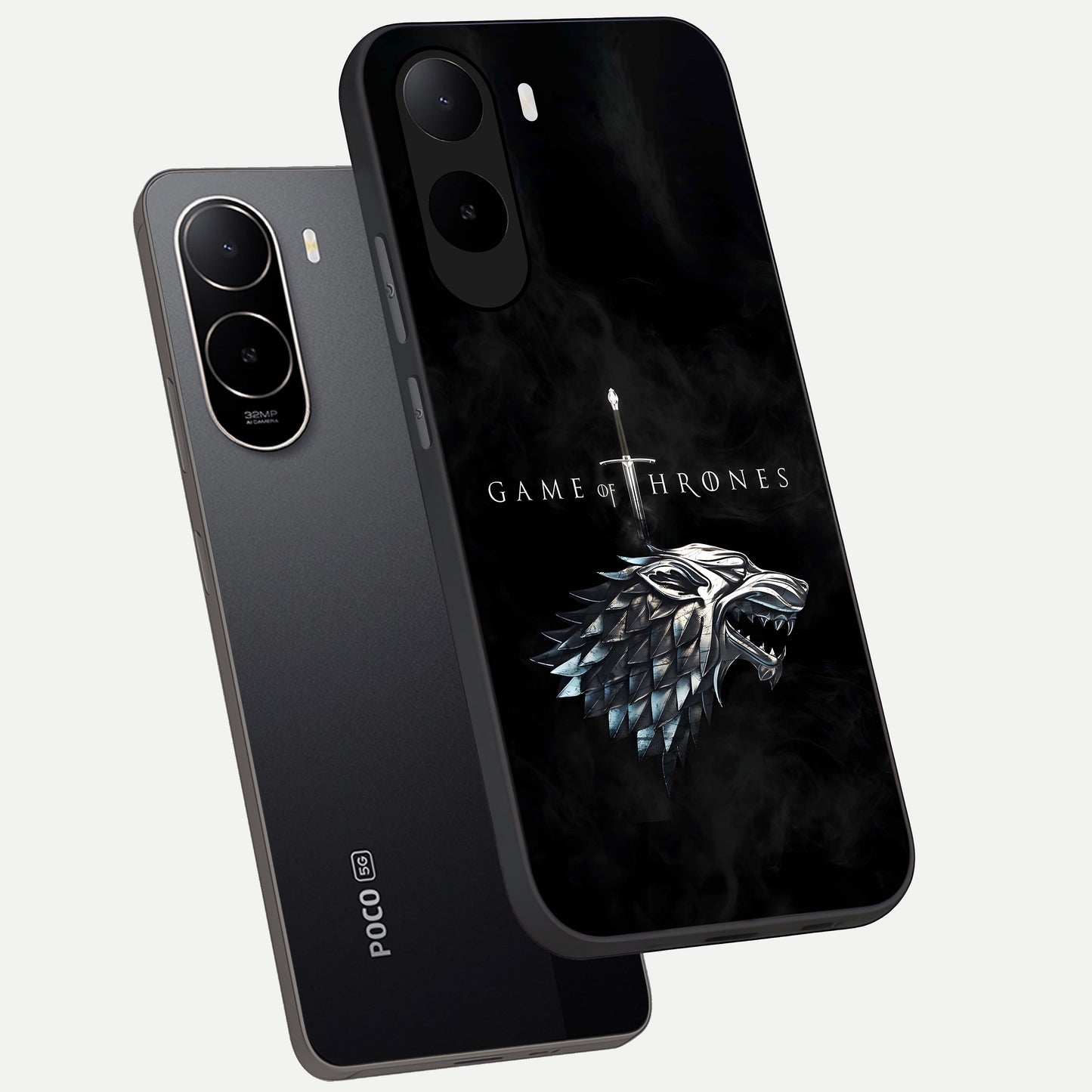  Throne Wolf Legacy phone case For Poco C85x showing premium glass back cover with detailed artwork