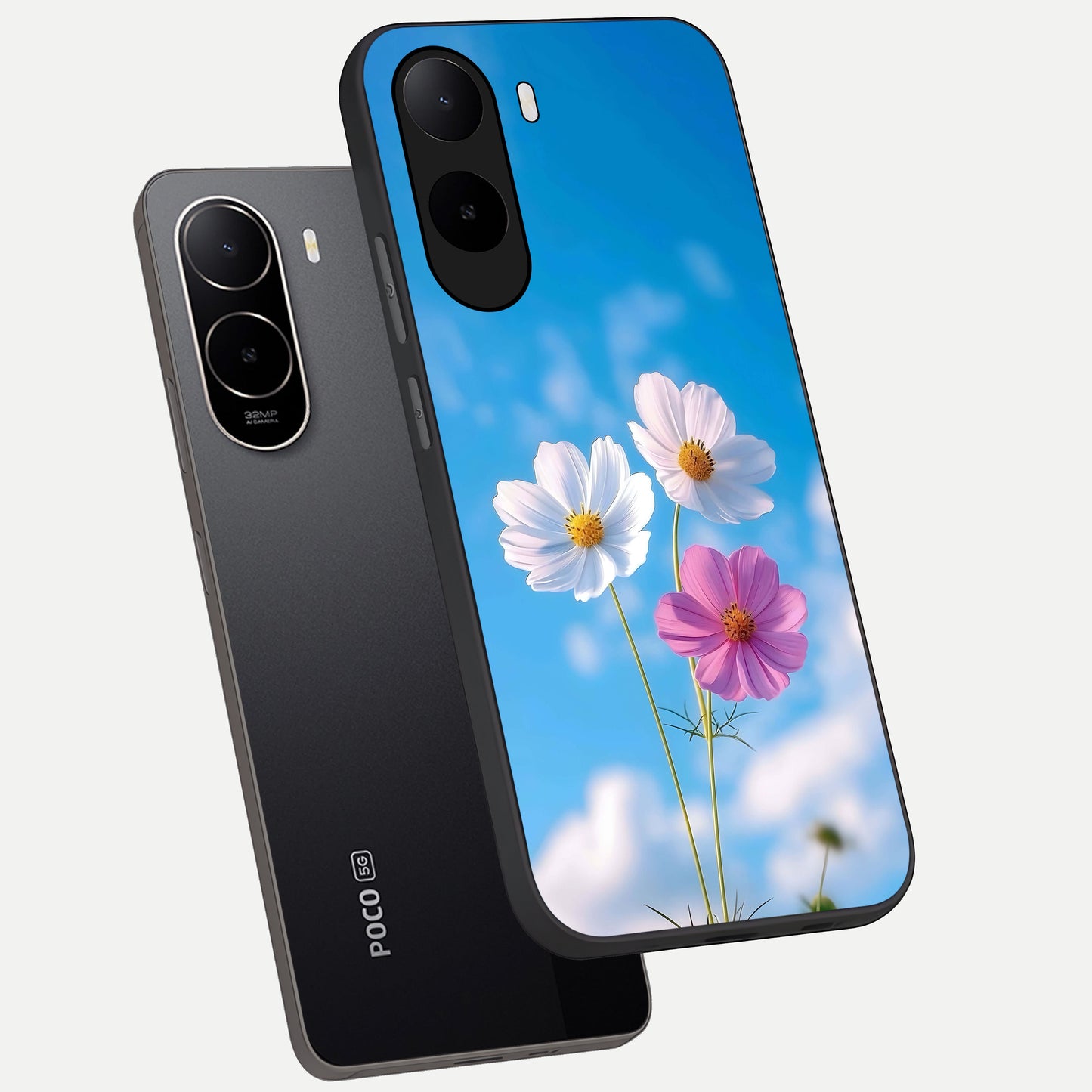  Tripple Flowers With Sky phone case For Poco C85x showing premium glass back cover with detailed artwork