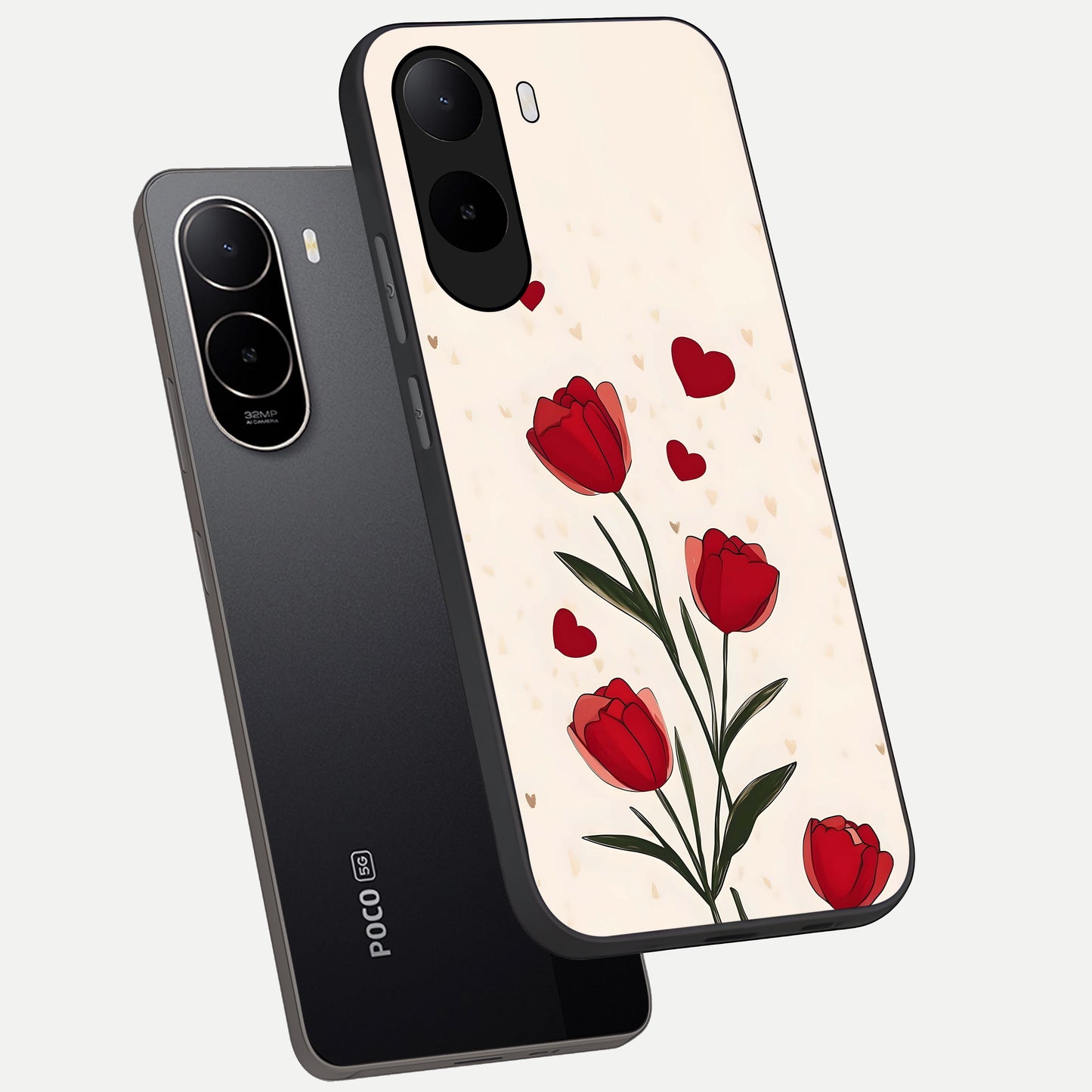  Tulip With Heart phone case For Poco C85x showing premium glass back cover with detailed artwork