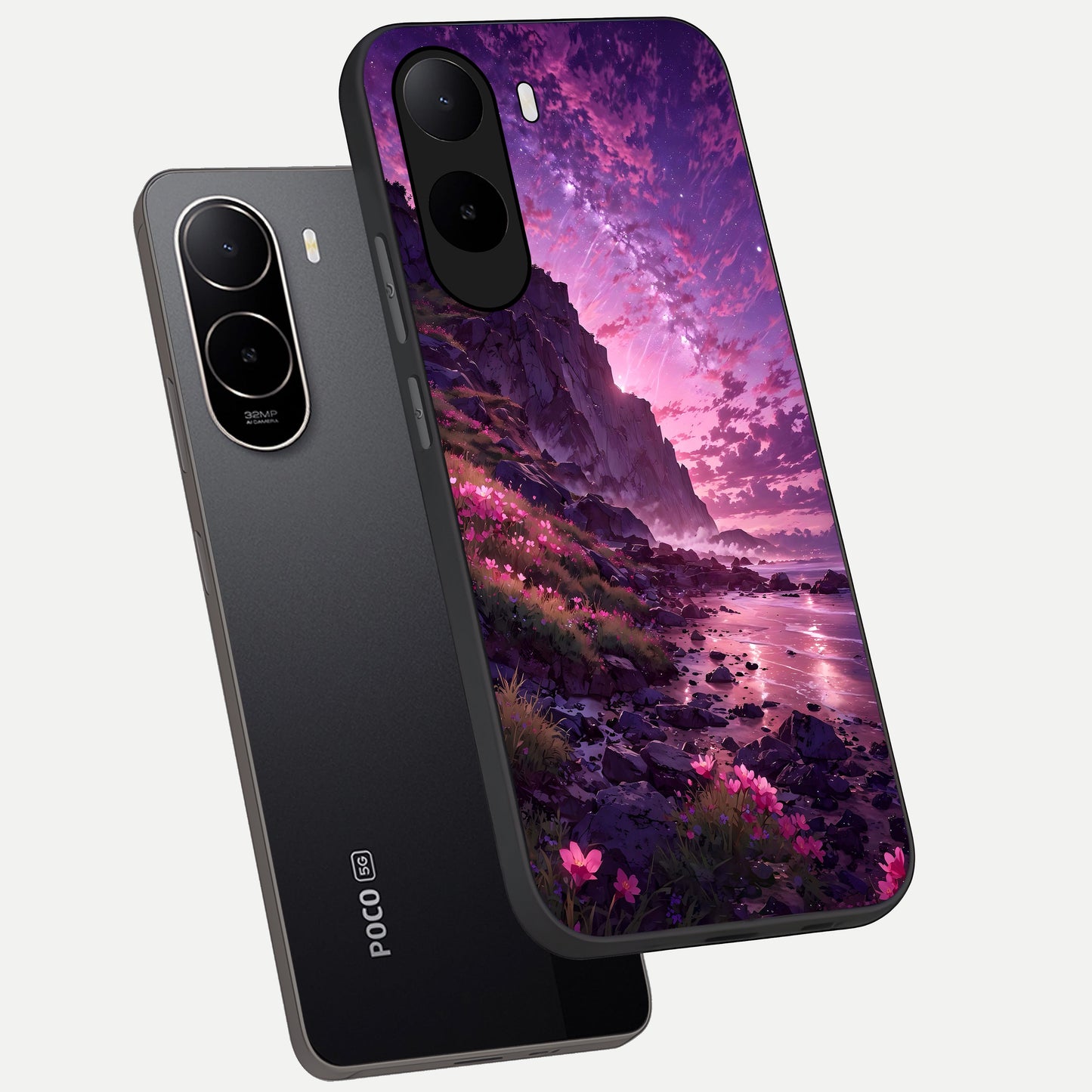  Twilight Blossom Coast phone case For Poco C85x showing premium glass back cover with detailed artwork