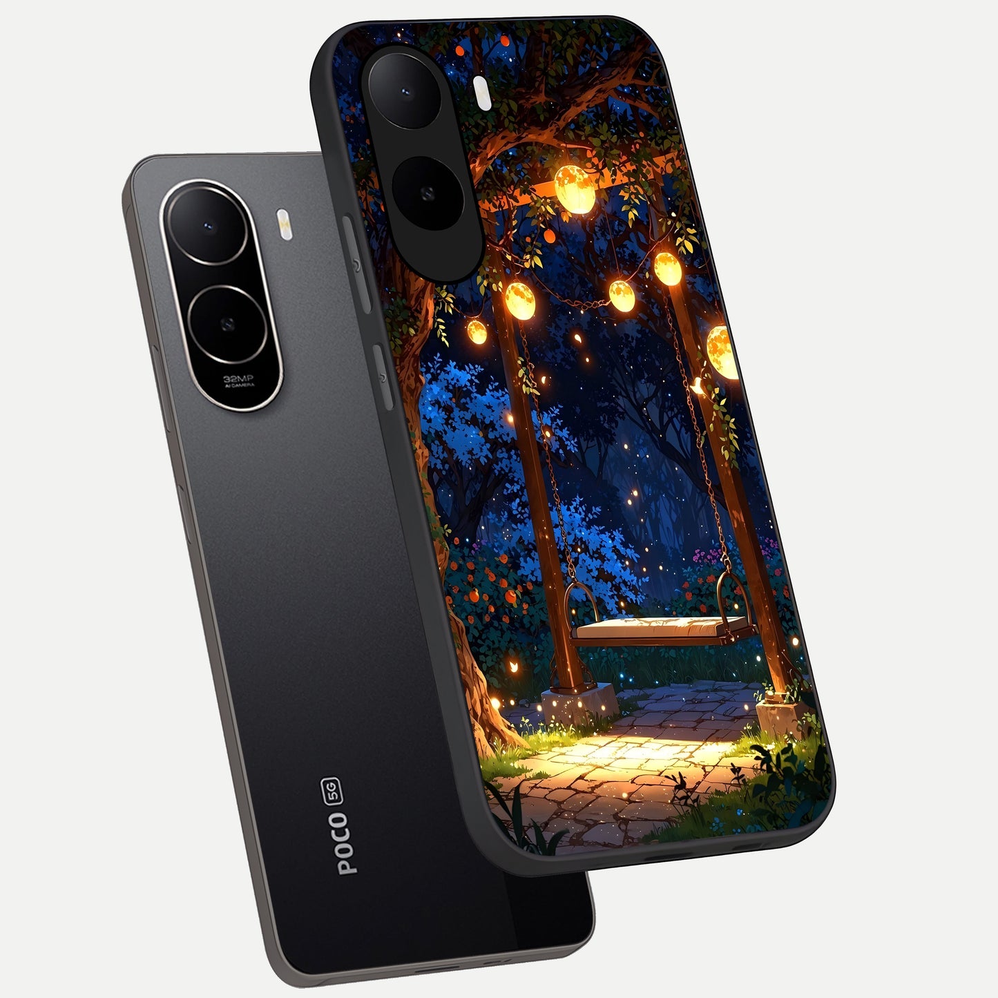  Twilight Garden Swing phone case For Poco C85x showing premium glass back cover with detailed artwork