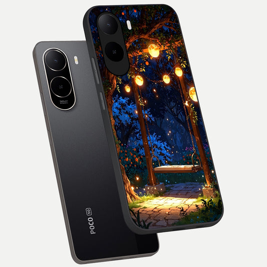 Twilight Garden Swing phone case For Poco C85x showing premium glass back cover with detailed artwork