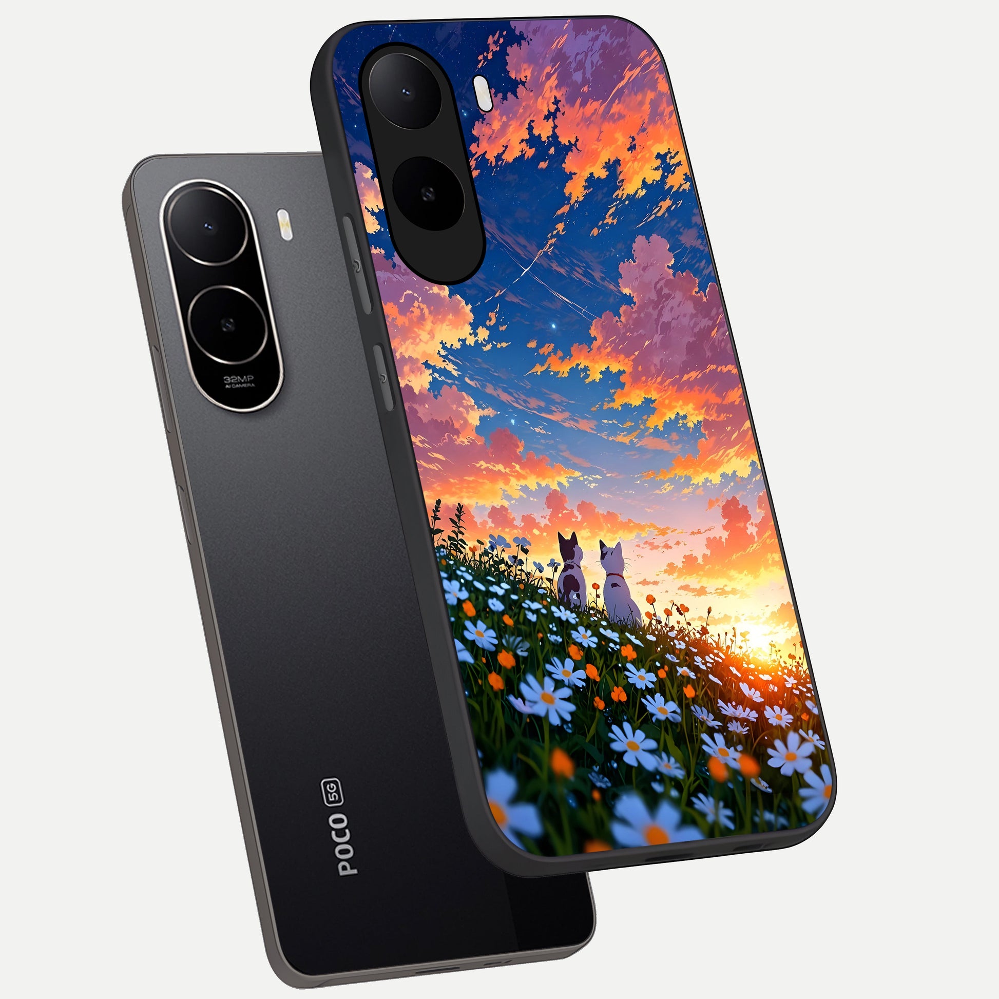  Two Cats Friends phone case For Poco C85x showing premium glass back cover with detailed artwork