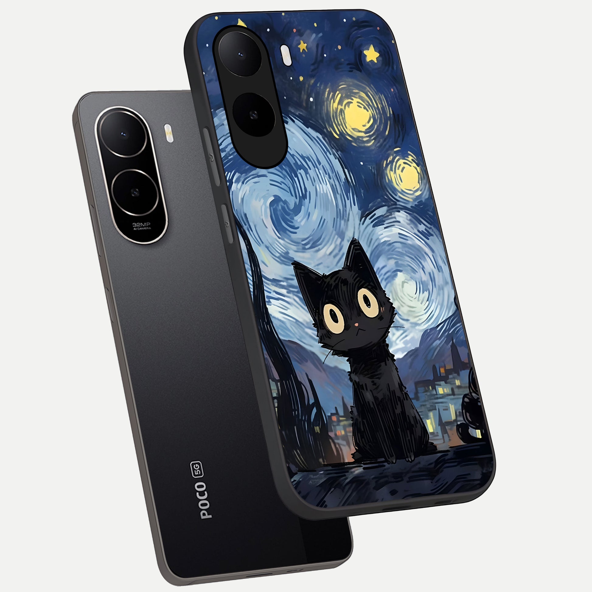  Van Gogh Cat phone case For Poco C85x showing premium glass back cover with detailed artwork