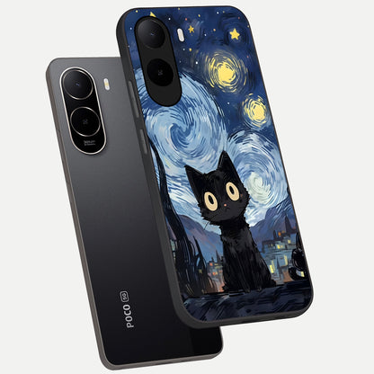  Van Gogh Cat phone case For Poco C85x showing premium glass back cover with detailed artwork