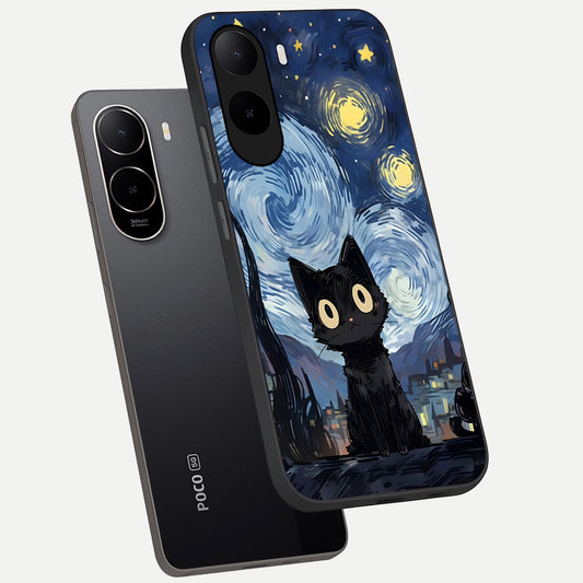  Van Gogh Cat phone case For Poco C85x showing premium glass back cover with detailed artwork
