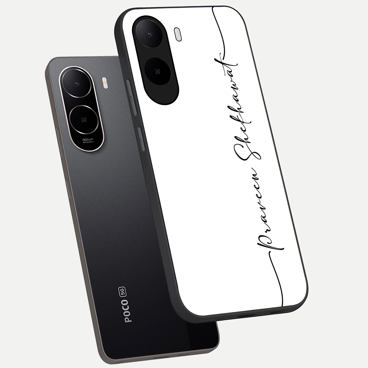  White Tune Custom Name phone case For Poco C85x showing premium custom name glass back cover